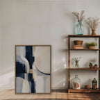 Navy and Cream Abstract Canvas Art - Vertical – Oak Floating Frame in room setting