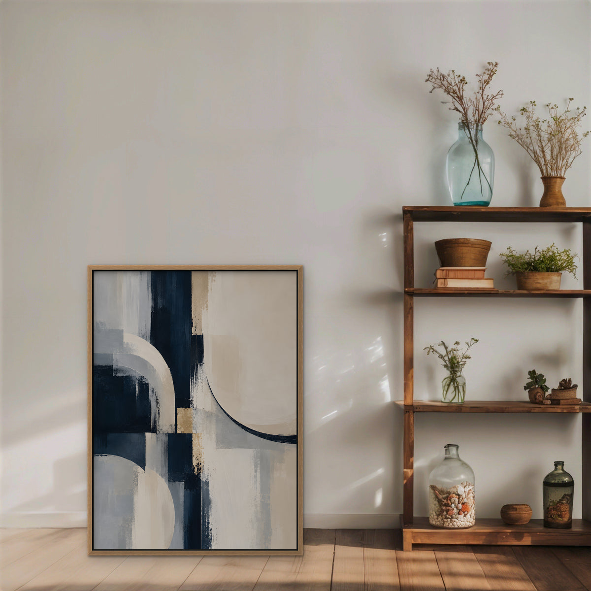 Navy and Cream Abstract Canvas Art - Vertical – Oak Floating Frame in room setting