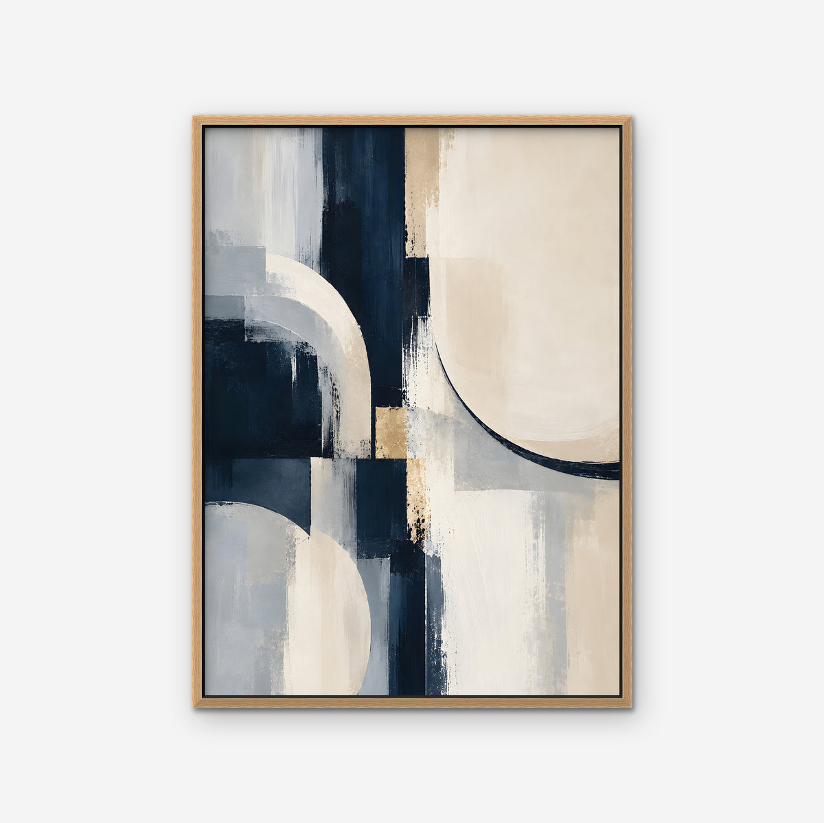Navy and Cream Abstract Canvas Art - Vertical – Oak Floating Frame on white background