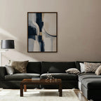 Navy and Cream Abstract Canvas Art - Vertical – Walnut Floating Frame in room setting