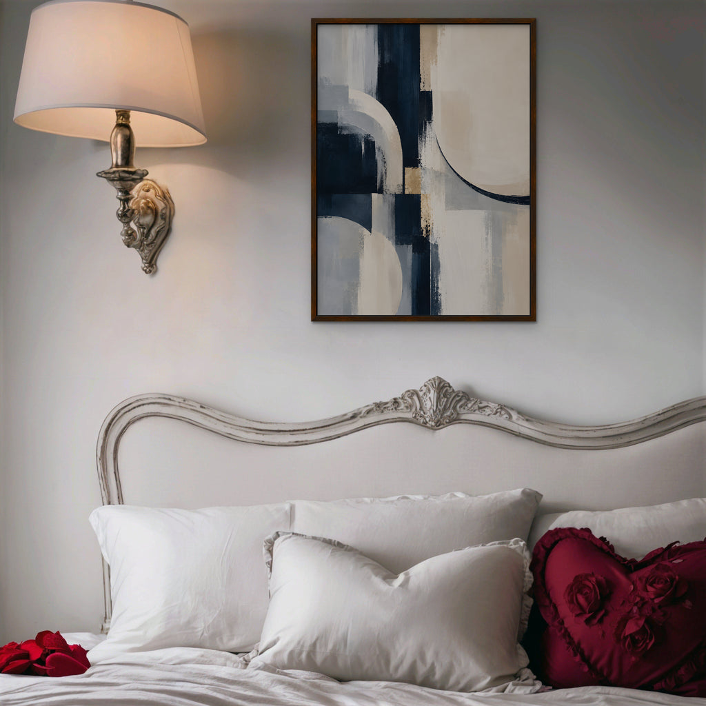 Navy and Cream Abstract Canvas Art - Vertical – Walnut Floating Frame in room setting