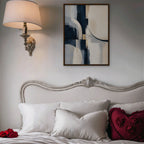 Navy and Cream Abstract Canvas Art - Vertical – Walnut Floating Frame in room setting