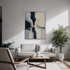 Navy and Cream Abstract Canvas Art - Vertical – White Floating Frame in room setting