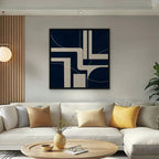 Navy and Cream Lines Canvas Art - Square – Black Floating Frame in room setting