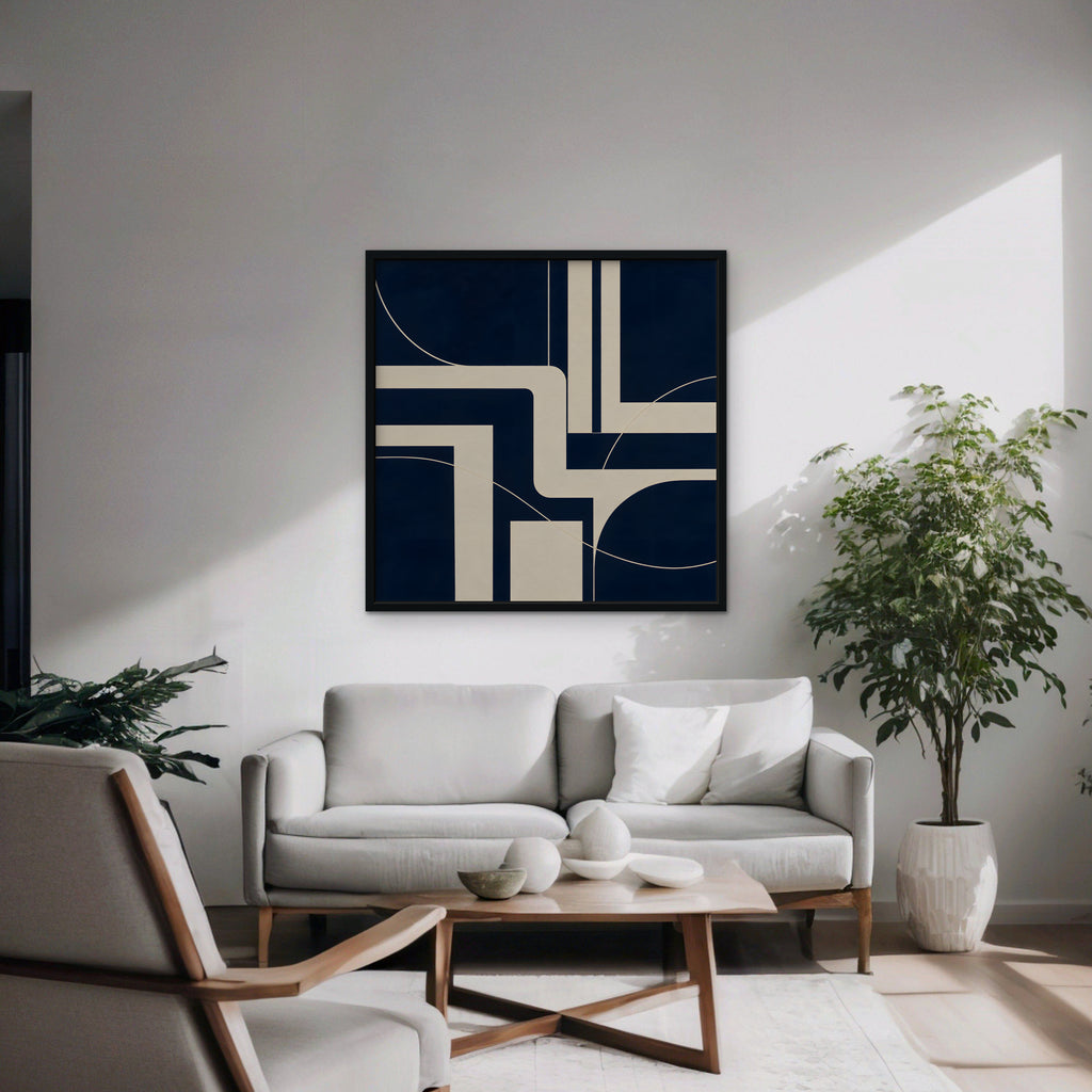 Navy and Cream Lines Canvas Art - Square – Black Floating Frame in room setting
