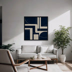 Navy and Cream Lines Canvas Art - Square – Black Floating Frame in room setting