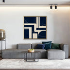 Navy and Cream Lines Canvas Art - Square – Gold Floating Frame in room setting