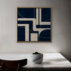 Navy and Cream Lines Canvas Art - Square – Gold Floating Frame in room setting