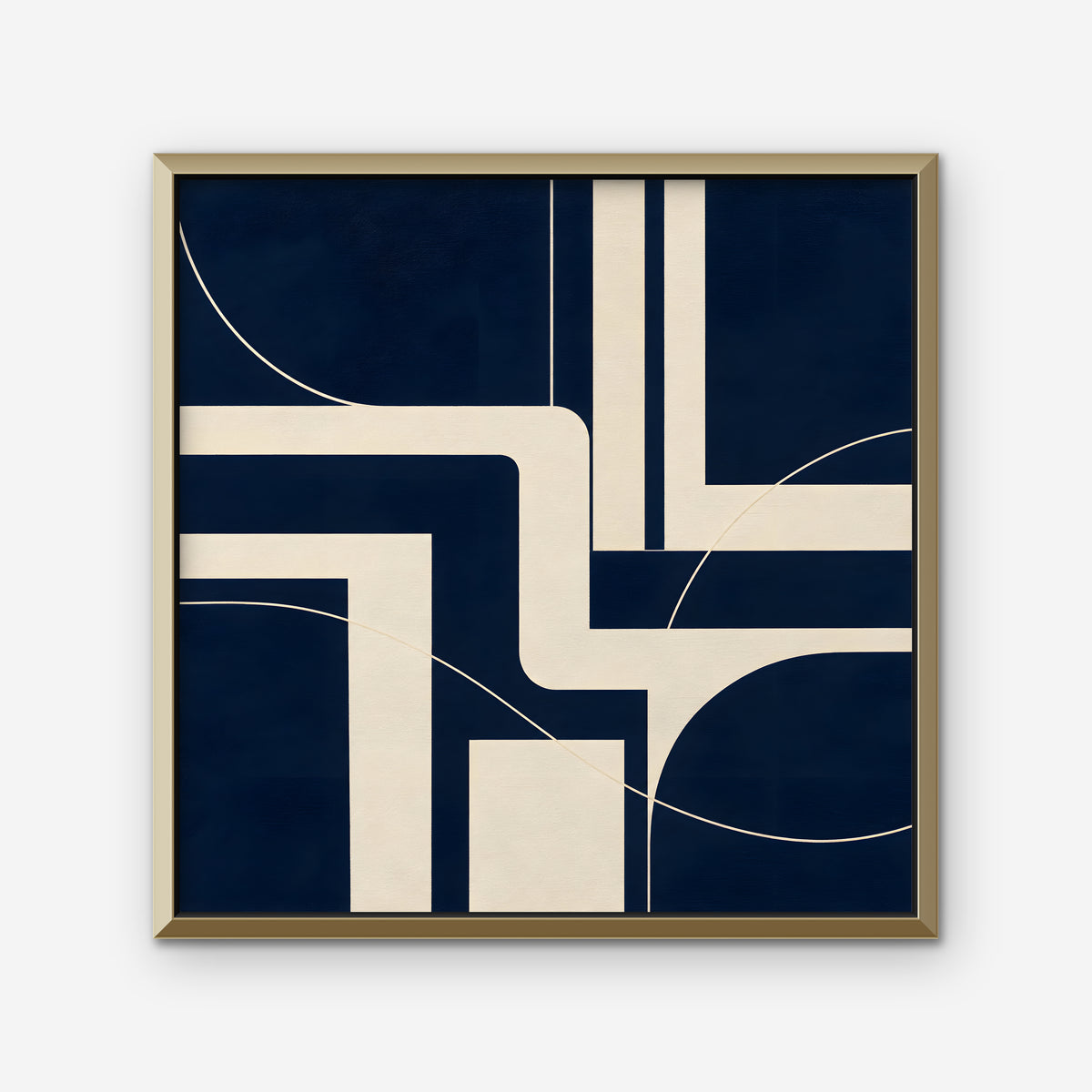 Navy and Cream Lines Canvas Art - Square – Gold Floating Frame on white background