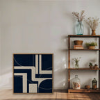 Navy and Cream Lines Canvas Art - Square – Oak Floating Frame in room setting