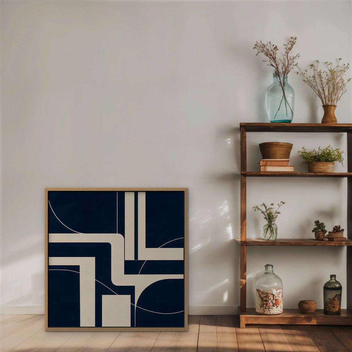 Navy and Cream Lines Canvas Art - Square – Oak Floating Frame in room setting