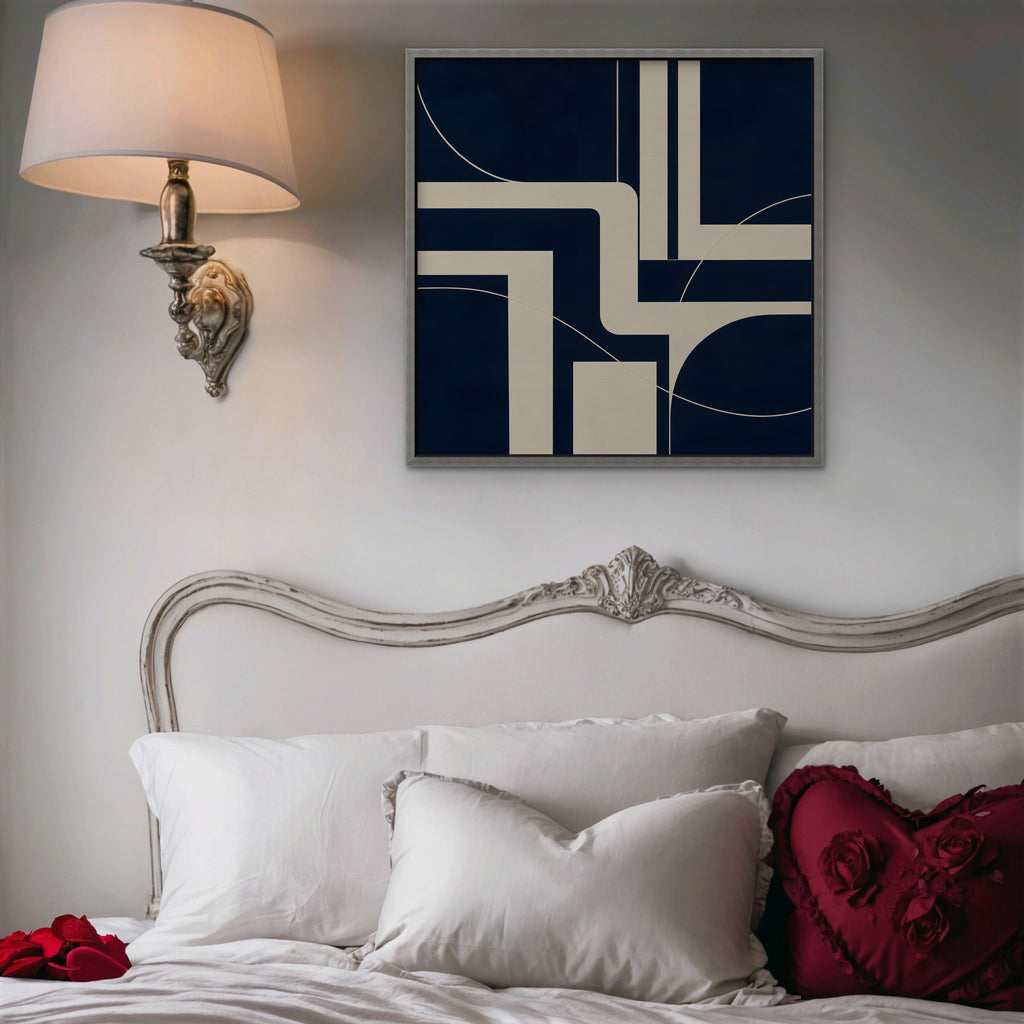 Navy and Cream Lines Canvas Art - Square – Silver Floating Frame in room setting