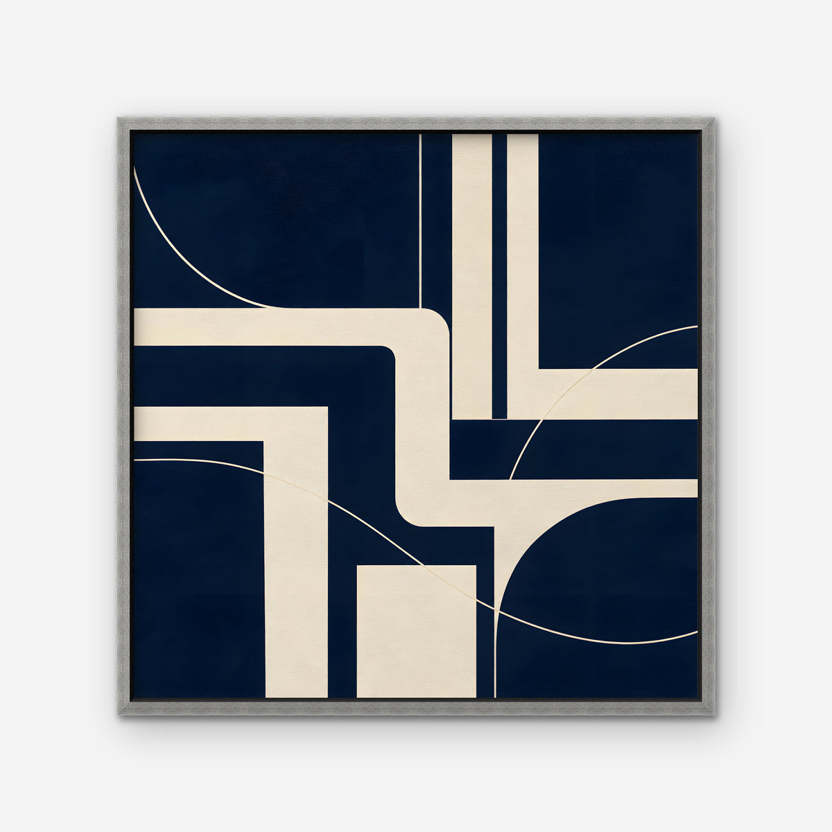 Navy and Cream Lines Canvas Art - Square – Silver Floating Frame on white background