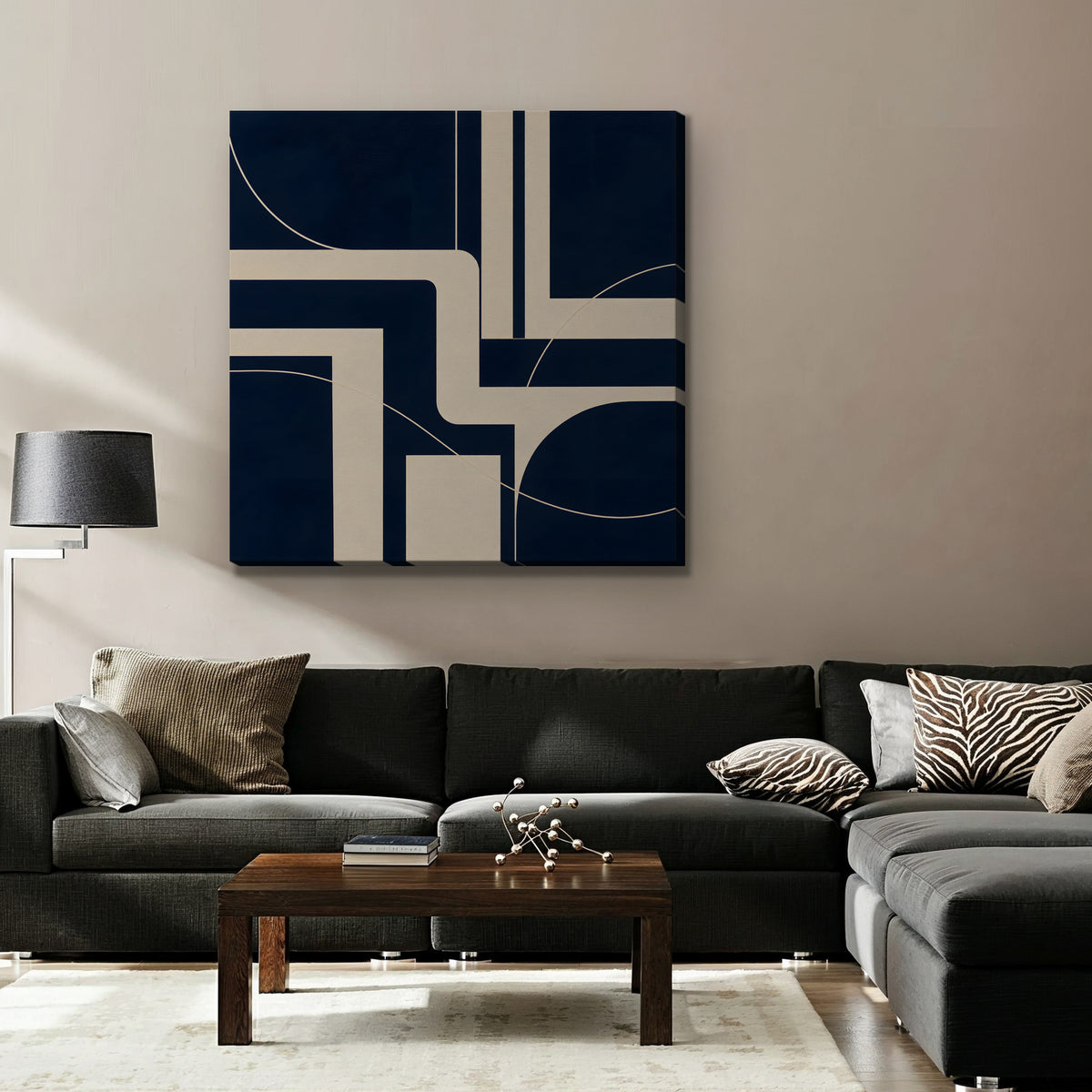 Navy and Cream Lines Canvas Art - Square – Stretched Canvas Only in room setting
