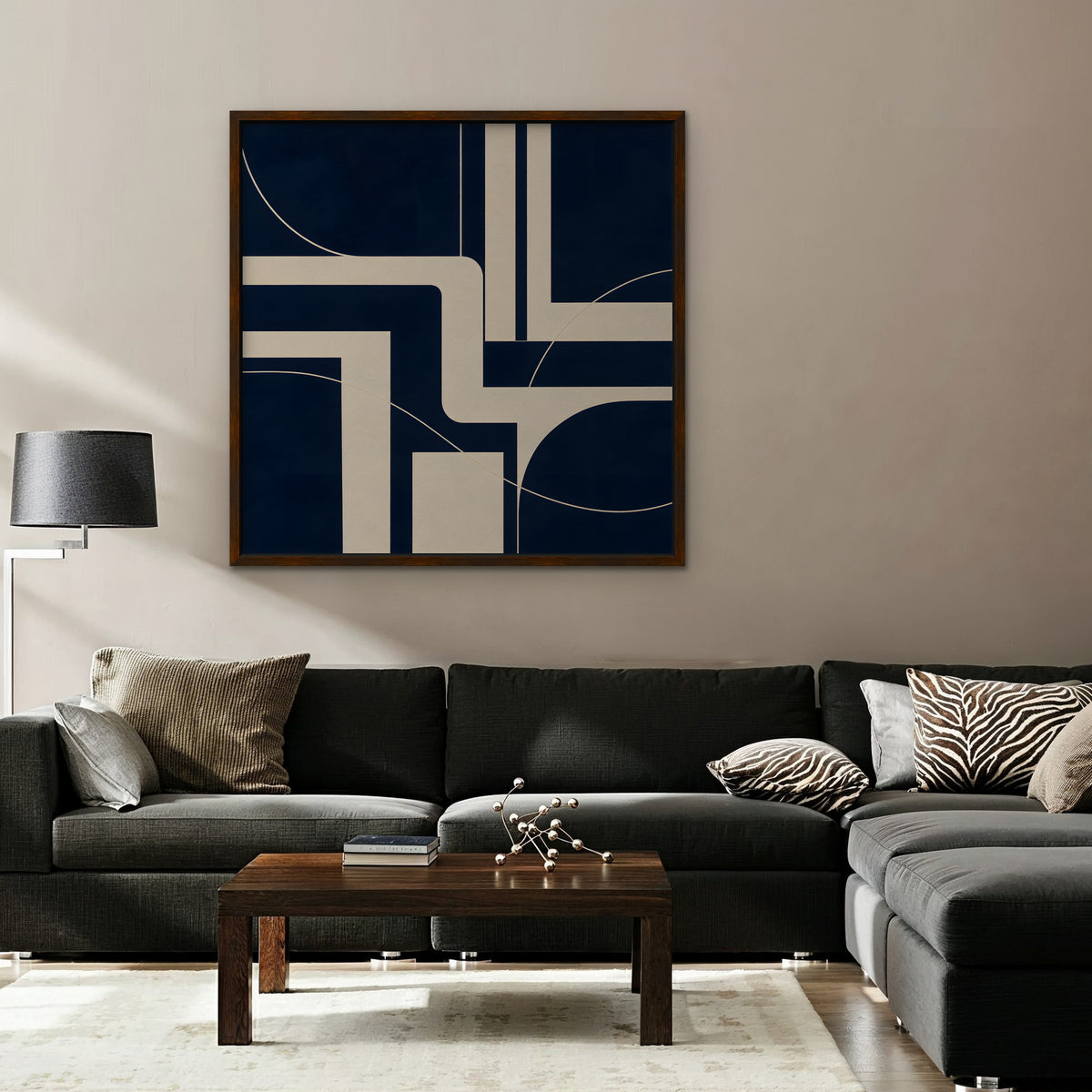 Navy and Cream Lines Canvas Art - Square – Walnut Floating Frame in room setting