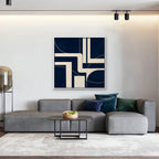 Navy and Cream Lines Canvas Art - Square – White Floating Frame in room setting