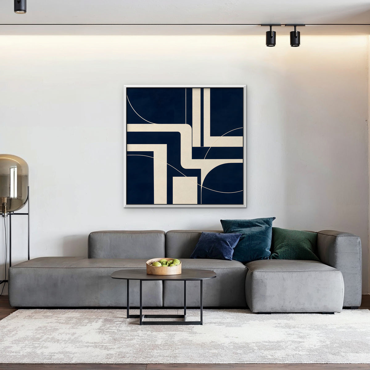 Navy and Cream Lines Canvas Art - Square – White Floating Frame in room setting