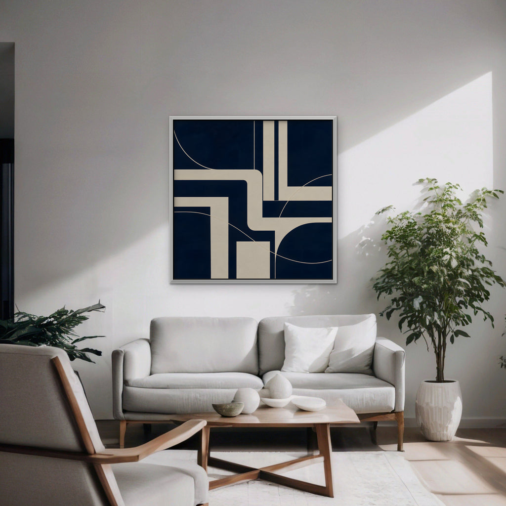 Navy and Cream Lines Canvas Art - Square – White Floating Frame in room setting