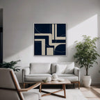Navy and Cream Lines Canvas Art - Square – White Floating Frame in room setting