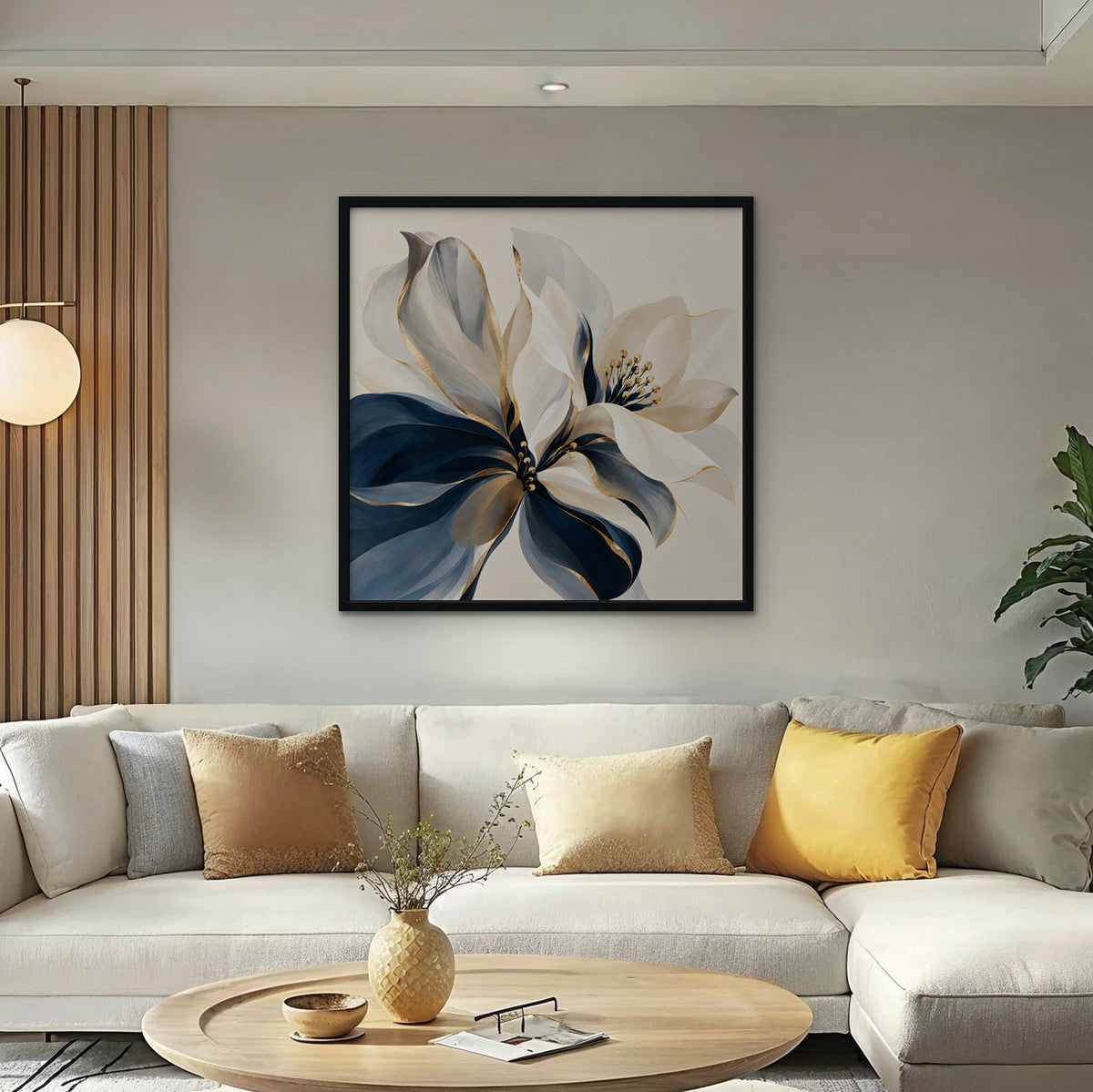 Navy and Gold Petals Canvas Art - Square – Black Floating Frame in room setting