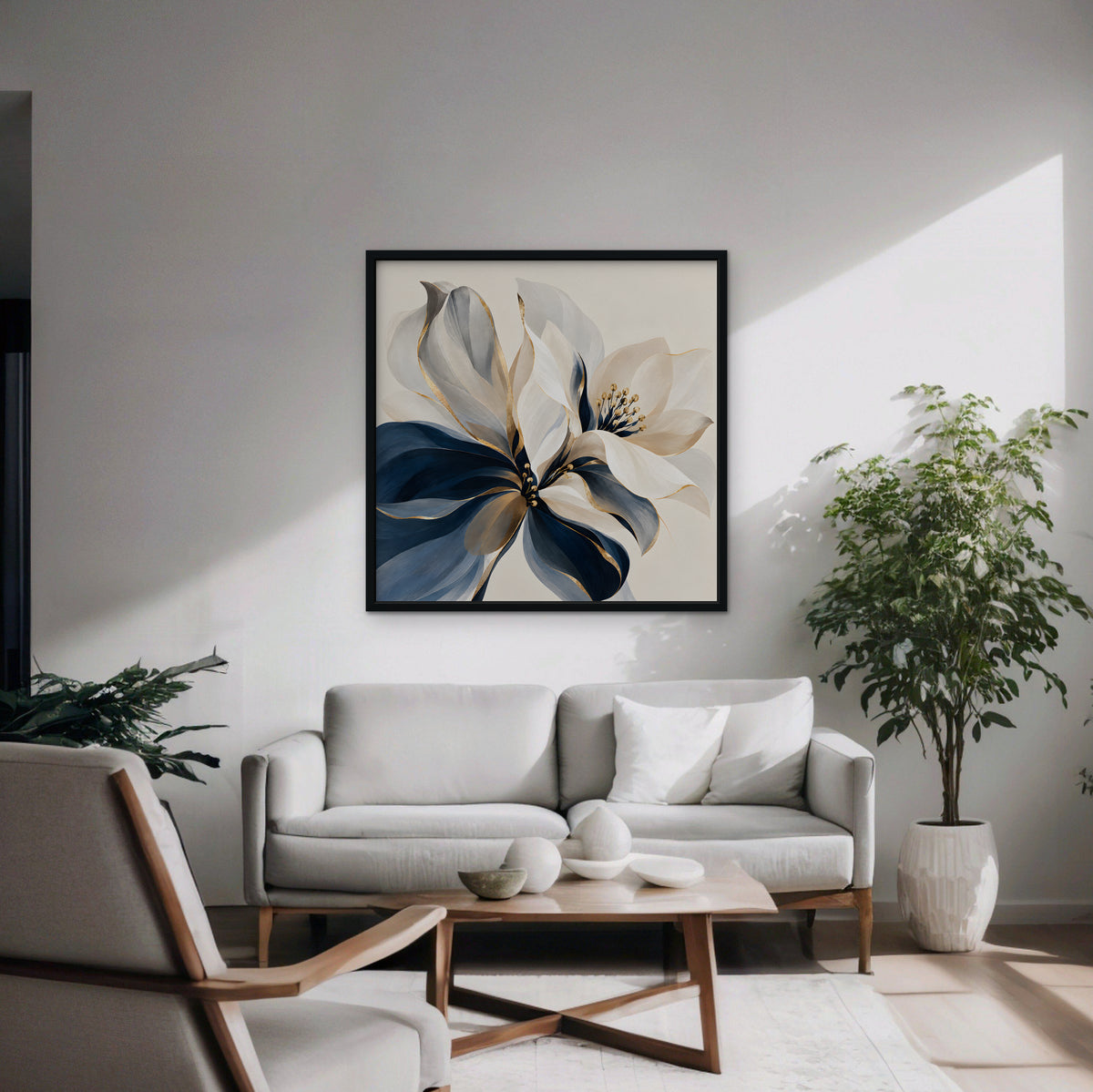 Navy and Gold Petals Canvas Art - Square – Black Floating Frame in room setting