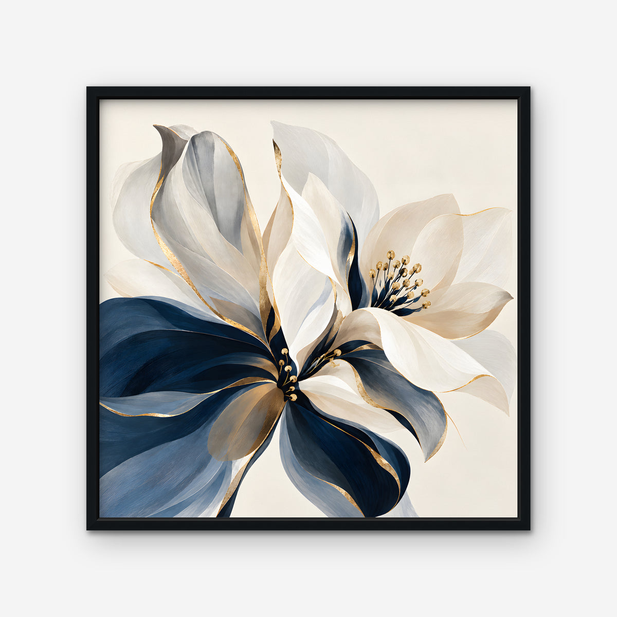 Navy and Gold Petals Canvas Art - Square – Black Floating Frame on white background