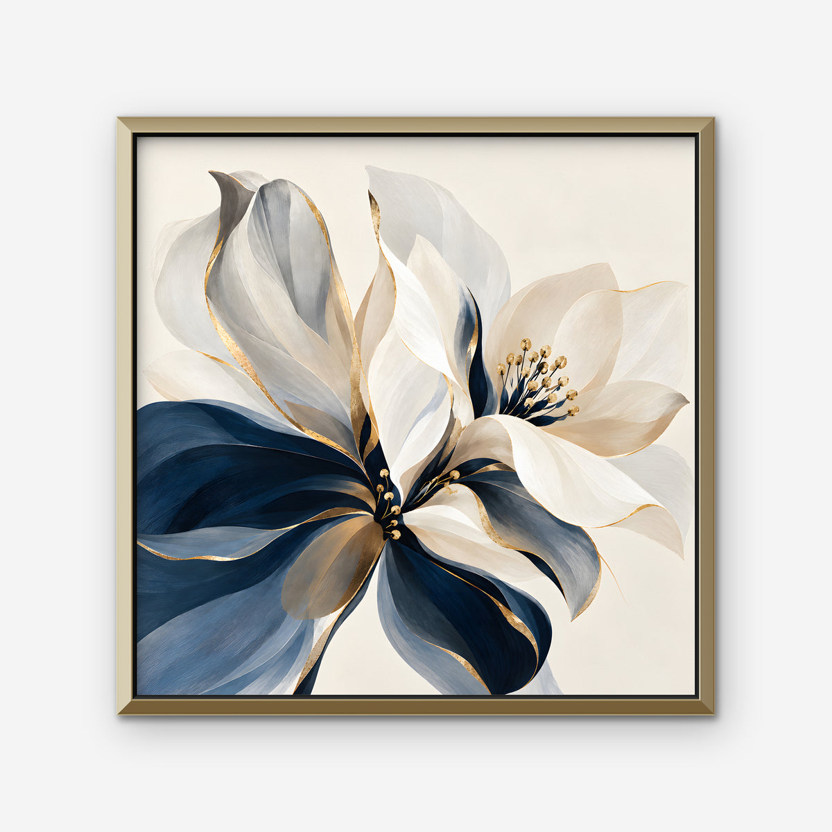 Navy and Gold Petals Canvas Art - Square – Gold Floating Frame on white background
