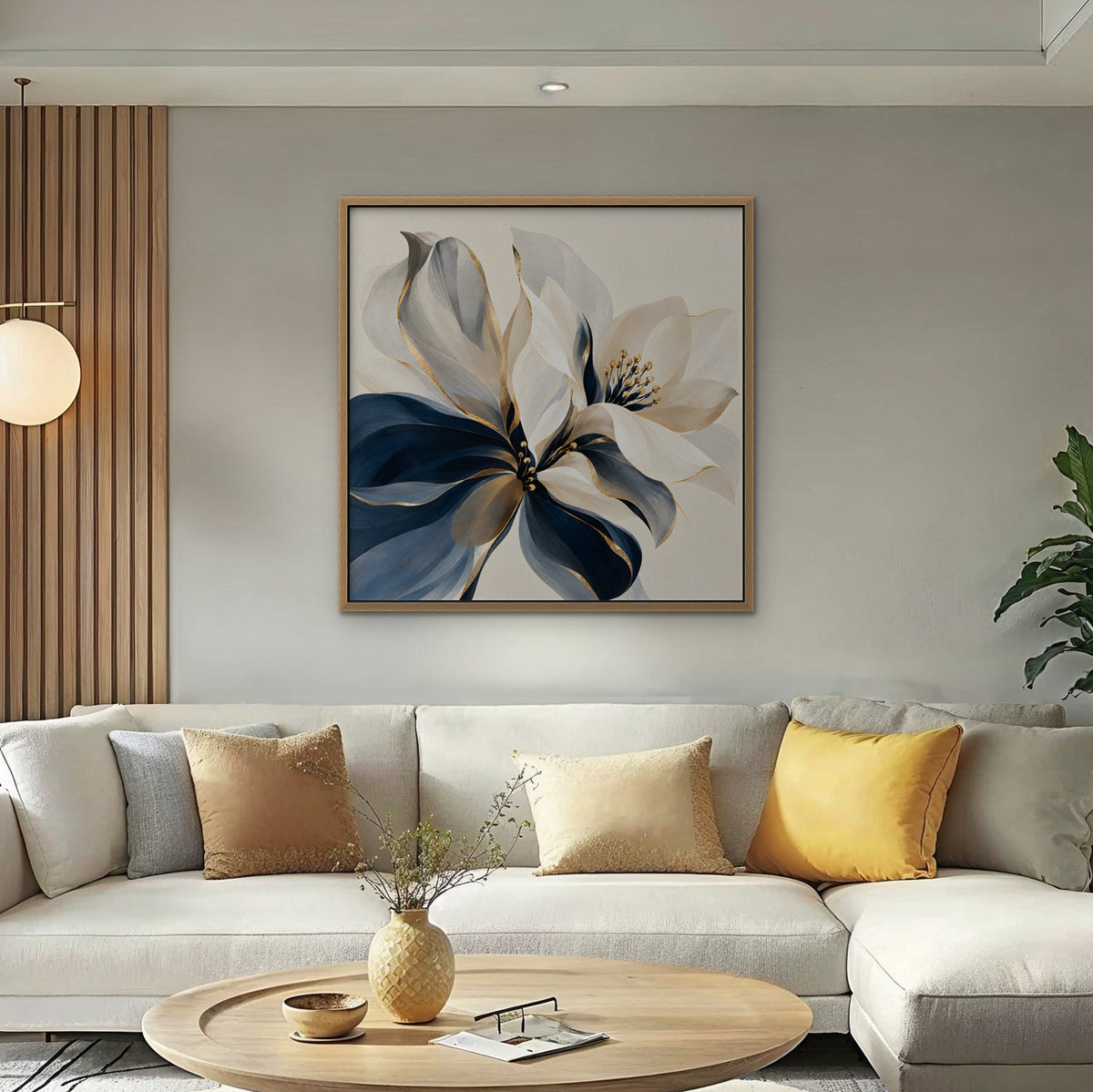 Navy and Gold Petals Canvas Art - Square – Oak Floating Frame in room setting