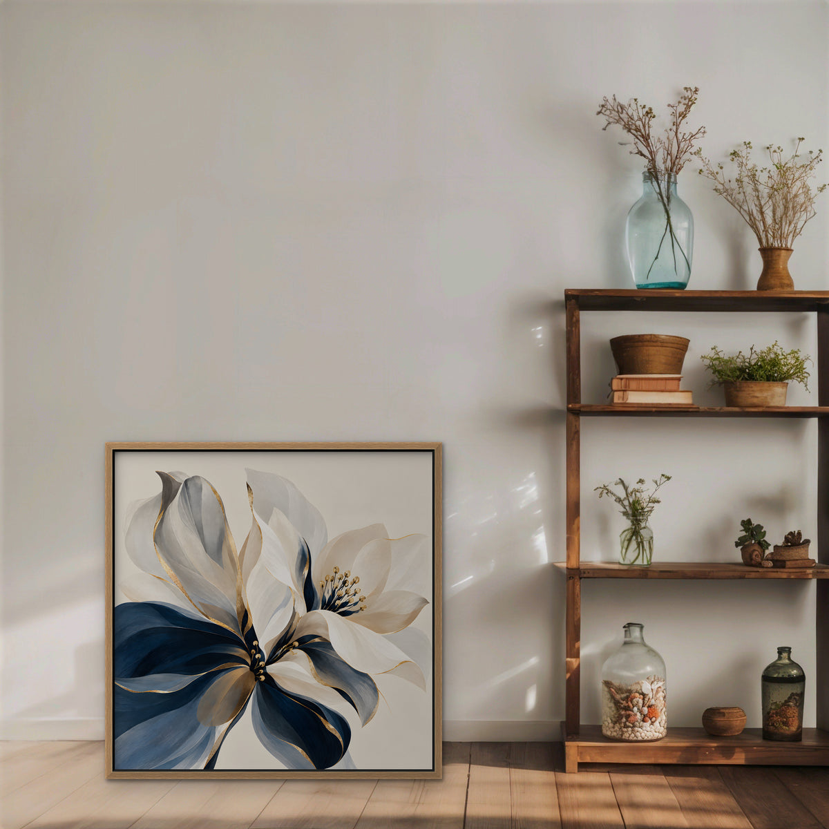 Navy and Gold Petals Canvas Art - Square – Oak Floating Frame in room setting