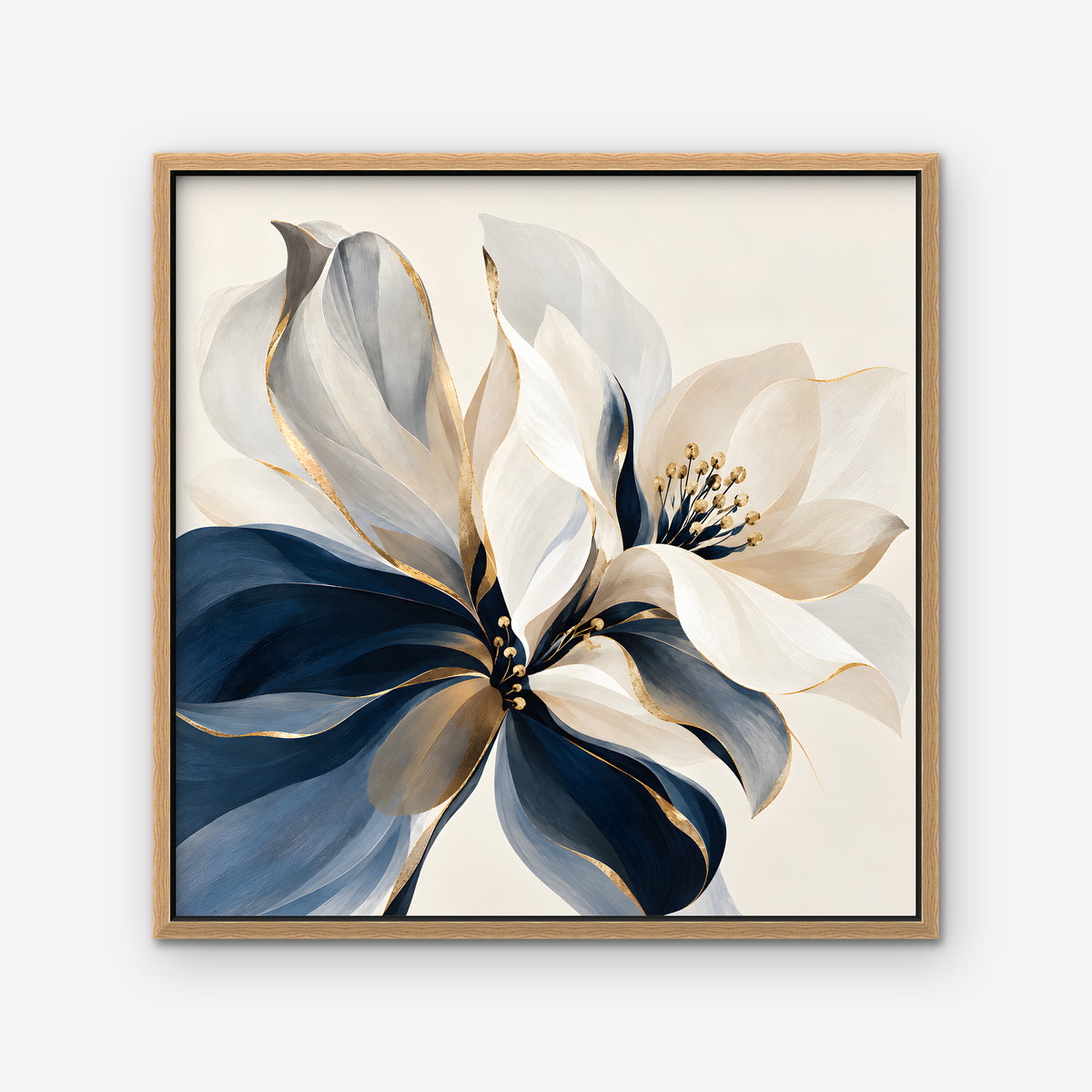 Navy and Gold Petals Canvas Art - Square – Oak Floating Frame on white background