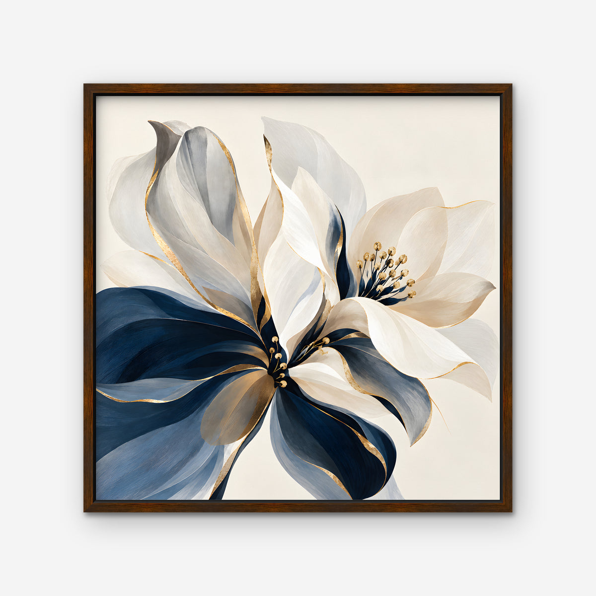 Navy and Gold Petals Canvas Art - Square – Walnut Floating Frame on white background