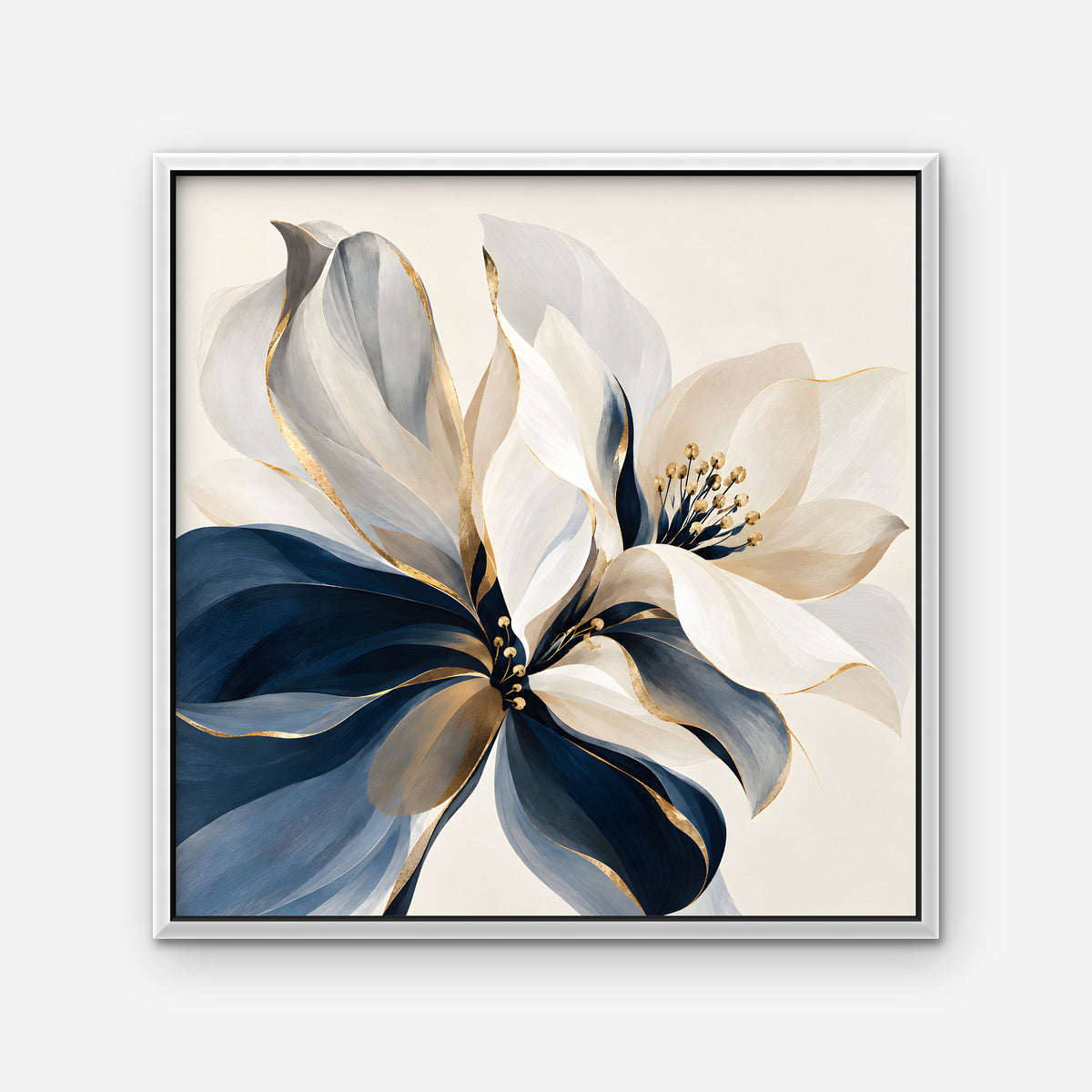 Navy and Gold Petals Canvas Art - Square – White Floating Frame on white background