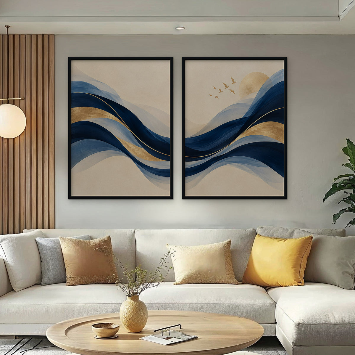Navy and Gold Waves Canvas Art - Set of 2 – Black Floating Frame in room setting