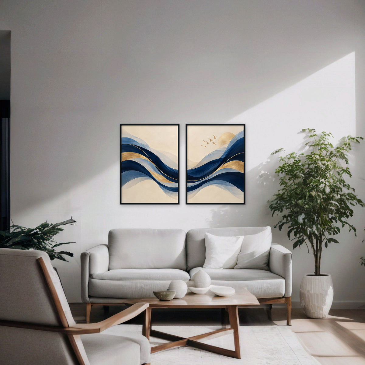 Navy and Gold Waves Canvas Art - Set of 2 – Black Floating Frame in room setting