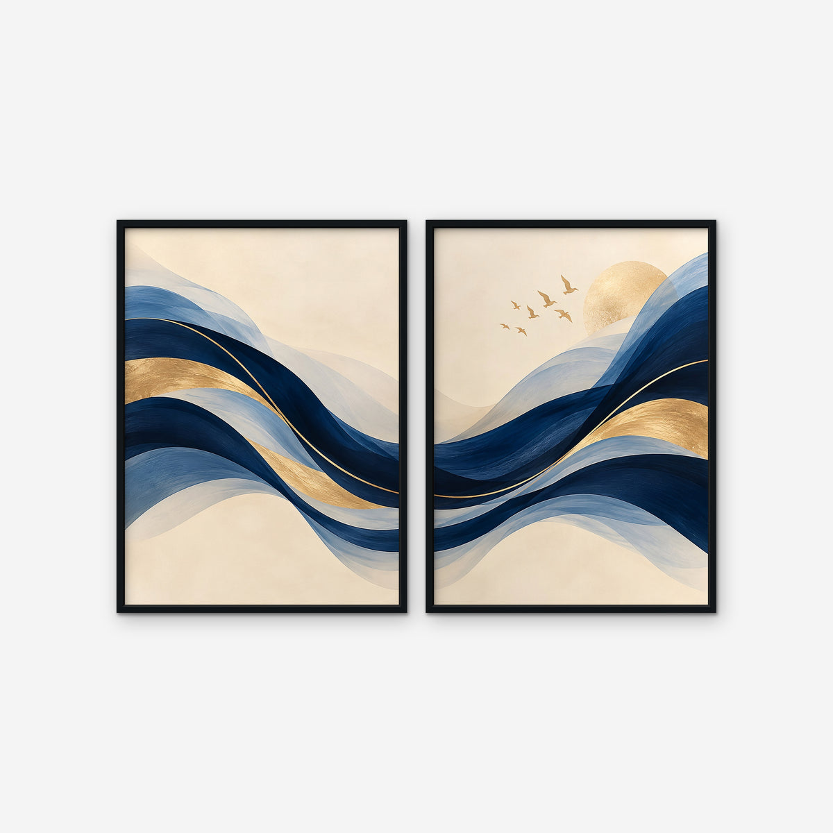 Navy and Gold Waves Canvas Art - Set of 2 – Black Floating Frame on white background