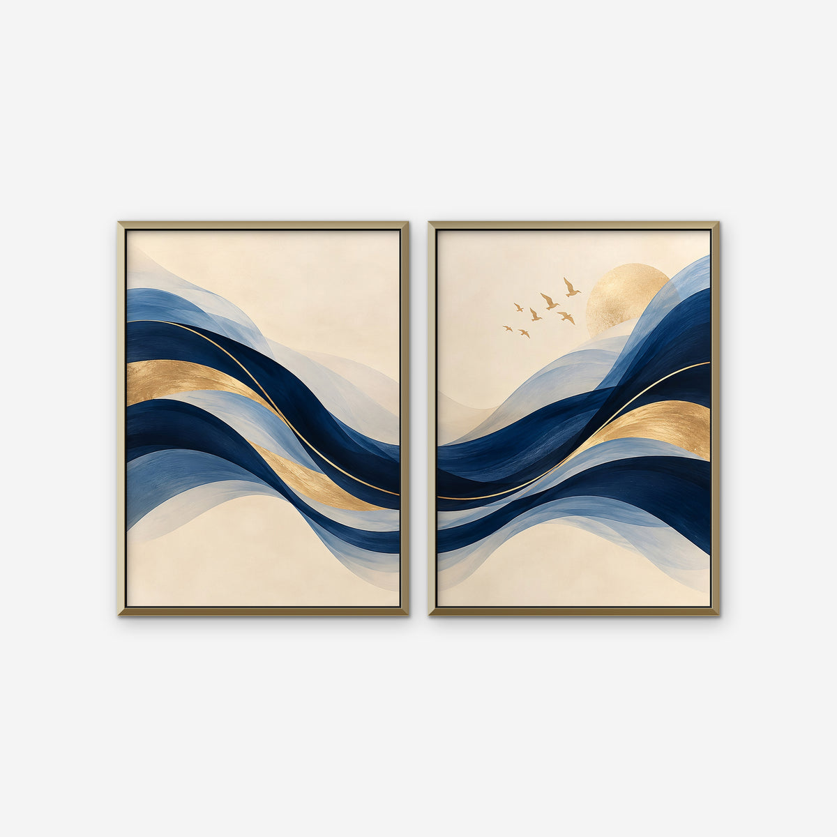 Navy and Gold Waves Canvas Art - Set of 2 – Gold Floating Frame on white background