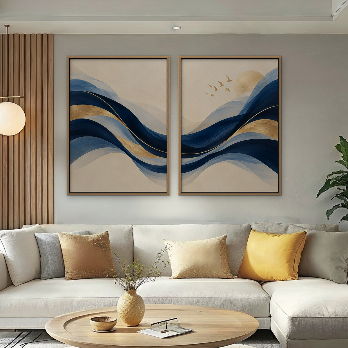Navy and Gold Waves Canvas Art - Set of 2 – Oak Floating Frame in room setting