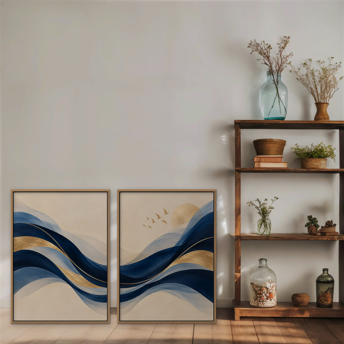Navy and Gold Waves Canvas Art - Set of 2 – Oak Floating Frame in room setting