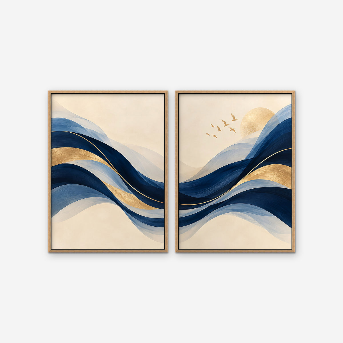 Navy and Gold Waves Canvas Art - Set of 2 – Oak Floating Frame on white background