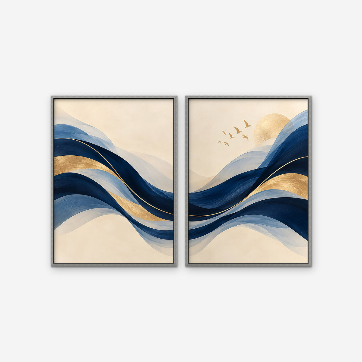 Navy and Gold Waves Canvas Art - Set of 2 – Silver Floating Frame on white background