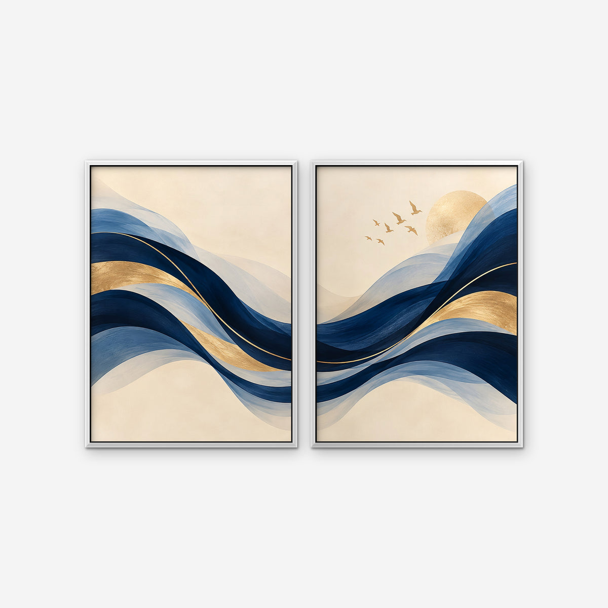Navy and Gold Waves Canvas Art - Set of 2 – White Floating Frame on white background