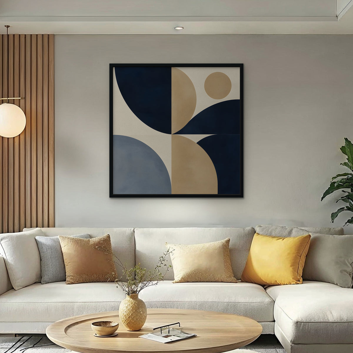 Navy and Tan Geometry Canvas Art - Square – Black Floating Frame in room setting