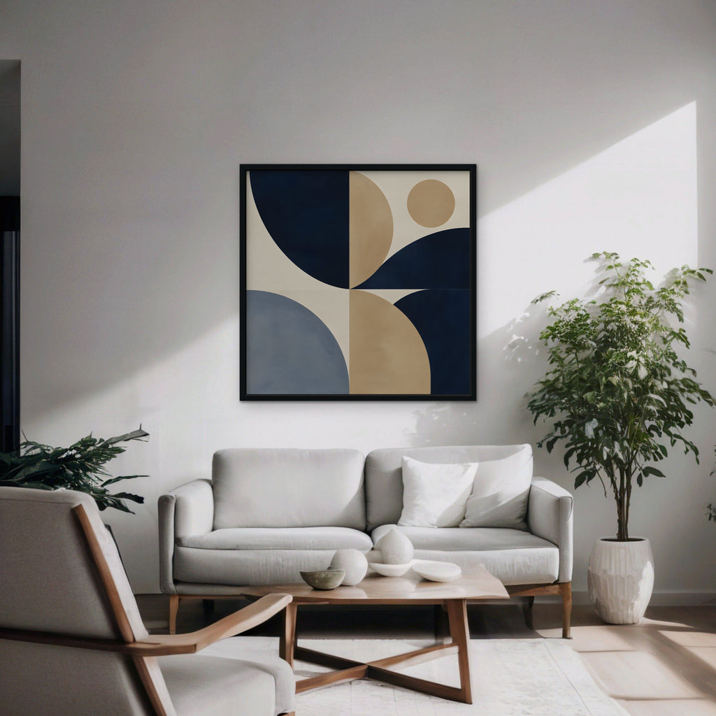 Navy and Tan Geometry Canvas Art - Square – Black Floating Frame in room setting