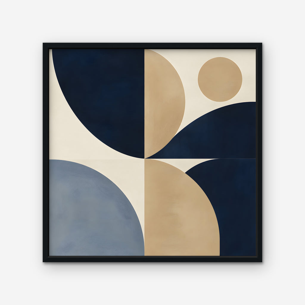 Navy and Tan Geometry Canvas Art - Square – Black Floating Frame on white background