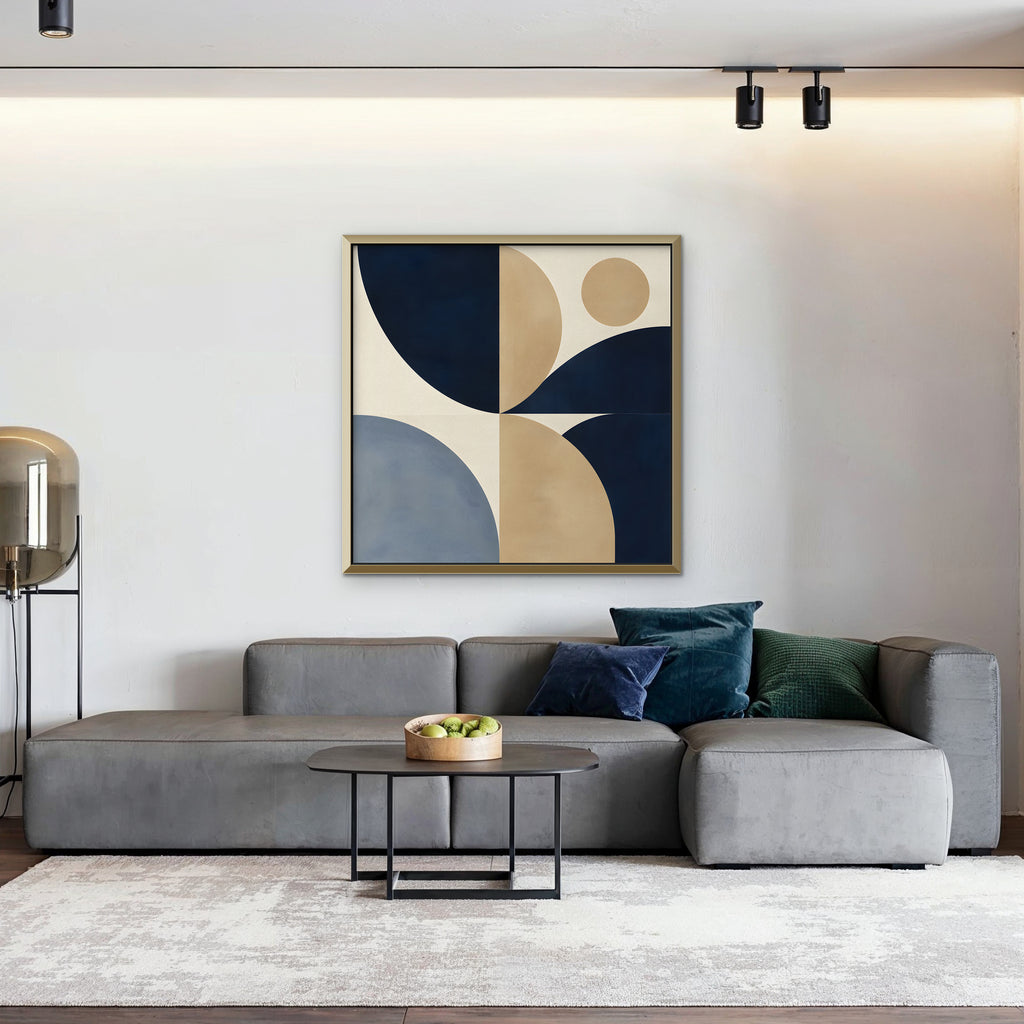 Navy and Tan Geometry Canvas Art - Square – Gold Floating Frame in room setting