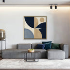 Navy and Tan Geometry Canvas Art - Square – Gold Floating Frame in room setting