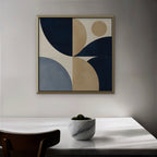 Navy and Tan Geometry Canvas Art - Square – Gold Floating Frame in room setting
