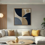 Navy and Tan Geometry Canvas Art - Square – Oak Floating Frame in room setting