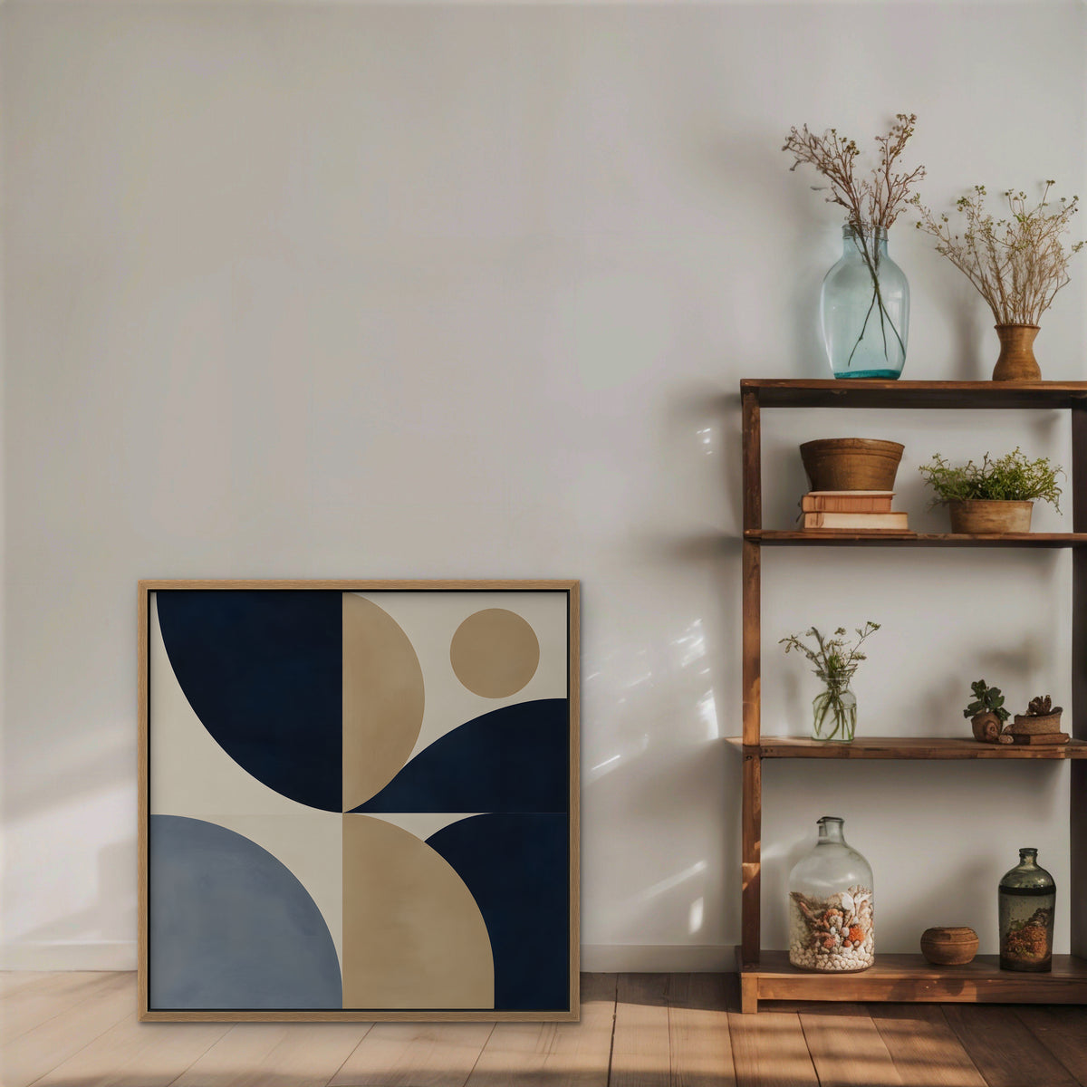 Navy and Tan Geometry Canvas Art - Square – Oak Floating Frame in room setting