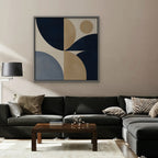 Navy and Tan Geometry Canvas Art - Square – Silver Floating Frame in room setting